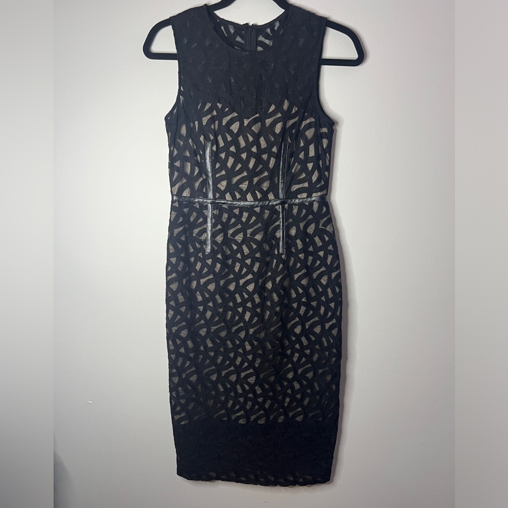 Vince Camuto Black Lace Jacquard Faux Leather Cocktail Dress, nude lining.